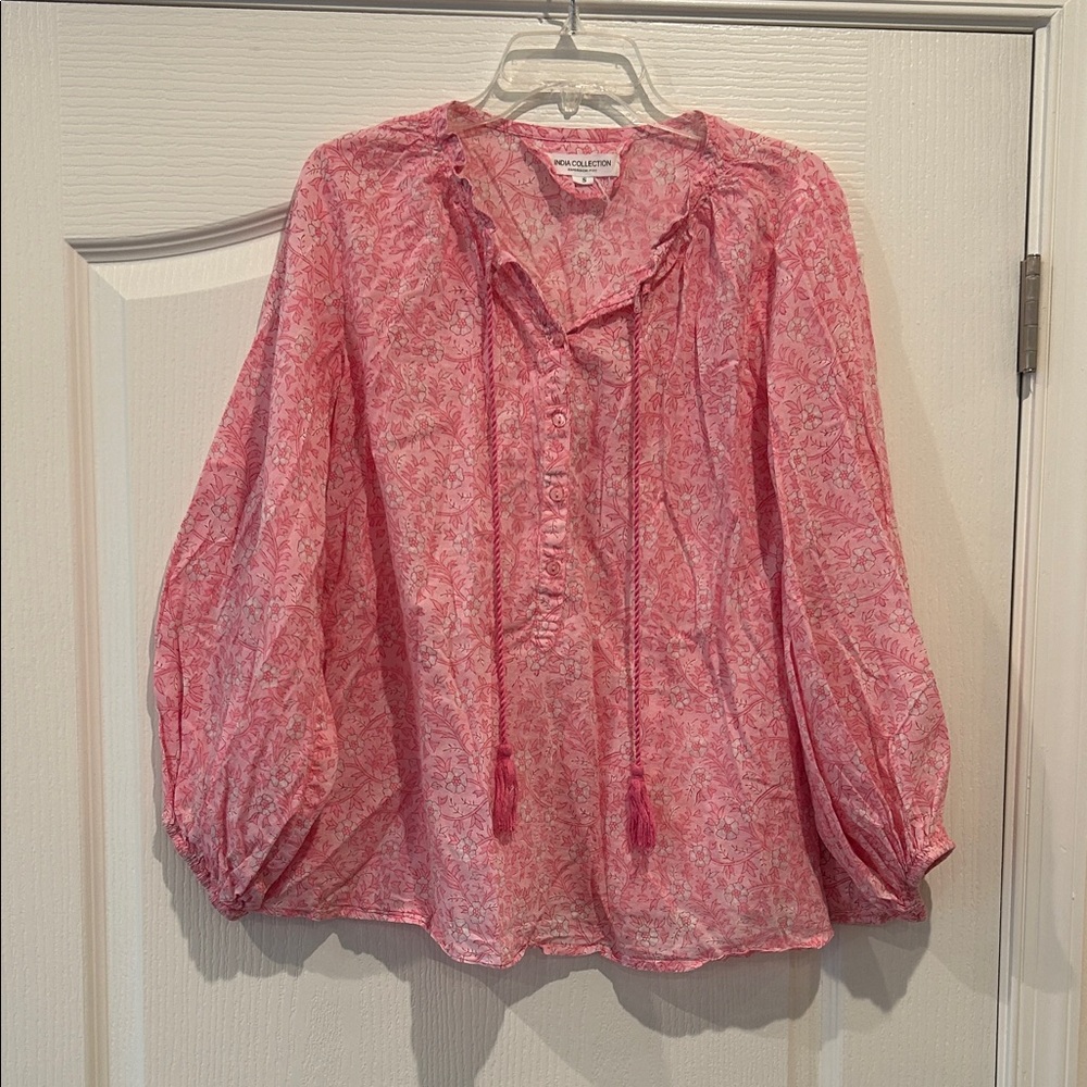 India Collection - Size Small - Floral Pink Blouse with Tassels